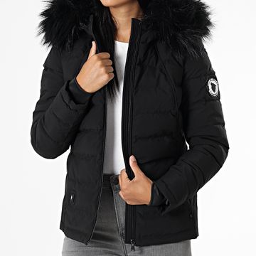 Comme Des Loups - Plumífero calefactado con capucha de piel Mujer Budapest Negro
