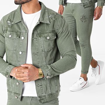 Frilivin - Conjunto super slim de chaqueta y vaqueros verde caqui