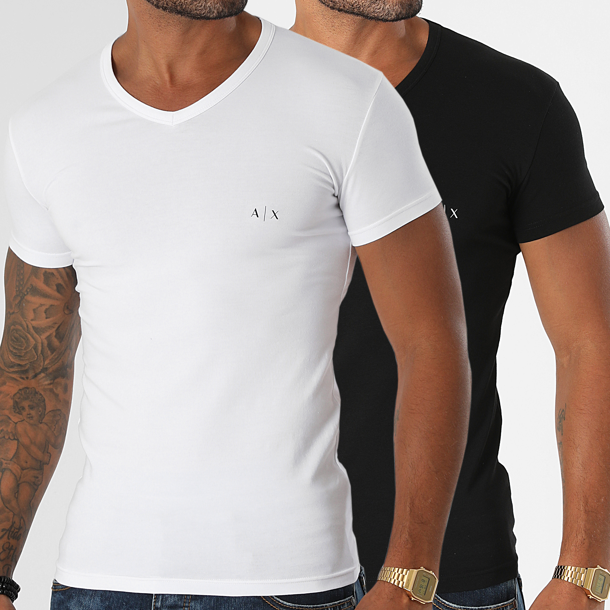 Armani Exchange - Juego de 2 camisetas con cuello en V 956004-CC282 Negro Blanco