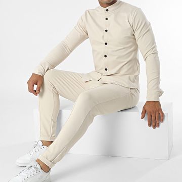 Frilivin - Conjunto de camisa beige de manga larga y pantalón chino con cuello mao