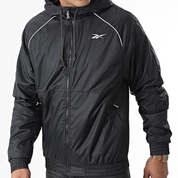 Reebok - HI448 Chaqueta de rayas con capucha y cremallera Negro