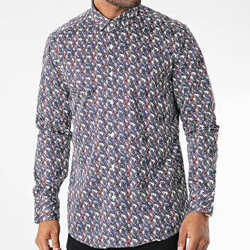 Mackten - Camisa Manga Larga Floral M6601-7 Azul Blanca