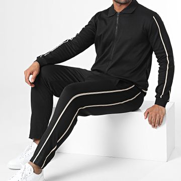 Frilivin - Conjunto de chaqueta con cremallera negra beige y pantalón de chándal con banda