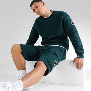 Classic Series - Conjunto de sudadera de cuello redondo y pantalón corto Cargo Jogging 1102 1108 Verde