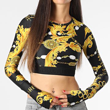 Versace Jeans Couture - Camiseta de manga larga para mujer 75HAH218-JS203 Negro Amarillo Renacimiento