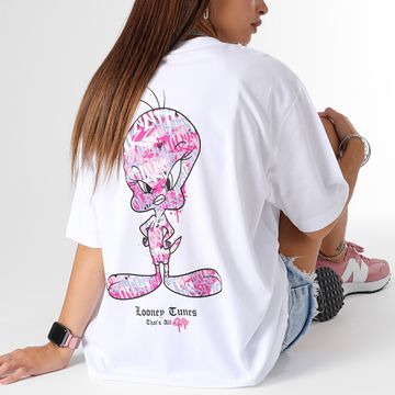 Looney Tunes - Camiseta Oversize Large Mujer Tweety Graff Rosa Blanco