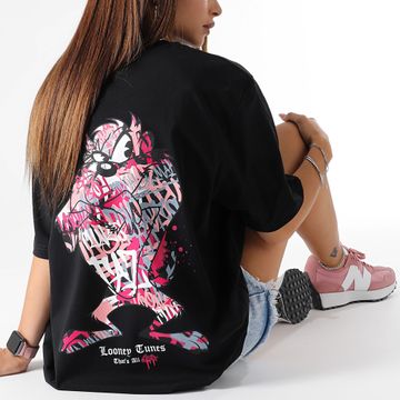 Looney Tunes - Camiseta Oversize Large Mujer Taz Graff Rosa Negro