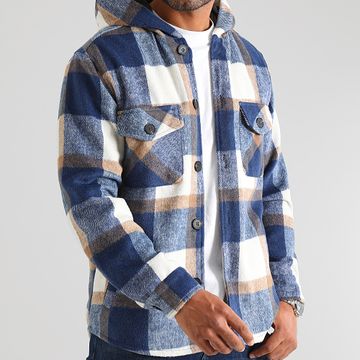 LBO - Sobrecamisa de cuadros azul beige con capucha 0389
