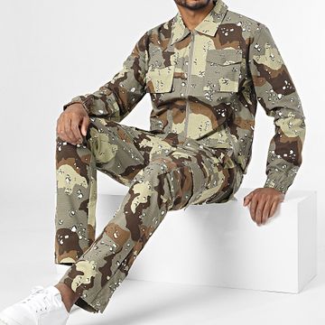 John H - Conjunto de chaqueta con cremallera y pantalón cargo de camuflaje verde caqui
