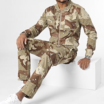 John H - Conjunto de chaqueta con cremallera y pantalón cargo caqui verde marrón de camuflaje