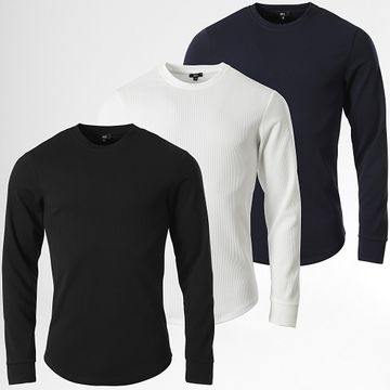 LBO - Pack de 3 Camisetas de Manga Larga Texturizadas Waffle Blanco Negro Azul Marino
