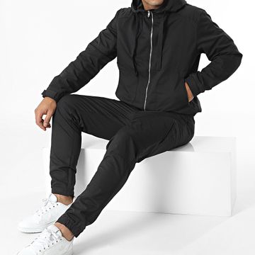 Frilivin - Conjunto de chaqueta negra con capucha y cremallera y pantalón jogging cargo