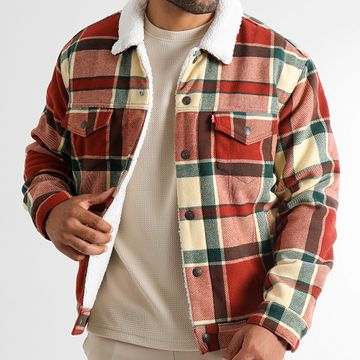 Levi's - A6027 Rojo Beige Verde Sherpa Chaqueta de cuadros