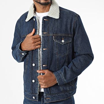 Schott NYC - Cazadora vaquera Sherpa azul con cuello de piel de oveja