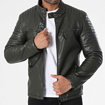 Kymaxx - Chaqueta motera verde caqui oscuro