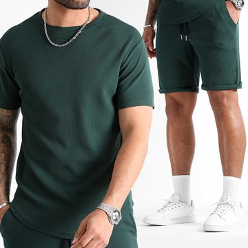 LBO - Conjunto de camiseta oversize y pantalón corto texturizado Waffle 0822 Bottle Green