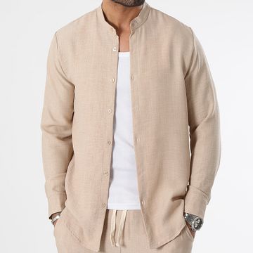 LBO - Camisa Manga Larga Efecto Lino Cuello Oficial 0947 Beige