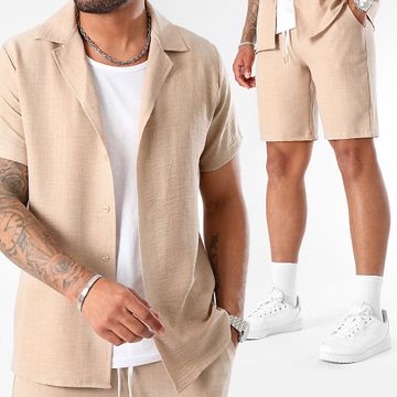 LBO - Conjunto de camisa de manga corta y pantalón corto efecto lino 0946 Beige