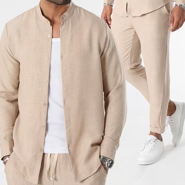 LBO - Conjunto de camisa de manga larga y pantalón efecto lino 0949 Beige