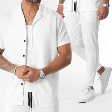 LBO - Conjunto de camisa blanca de manga corta y pantalón texturizado Waffle 1034