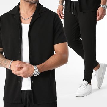 LBO - Conjunto de camisa negra de manga corta y pantalón texturizado Waffle 1035