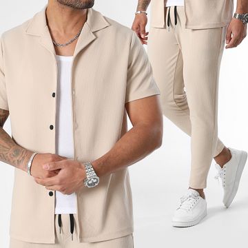 LBO - Conjunto de camisa de manga corta y pantalón texturizado Waffle 1036 Beige Claro