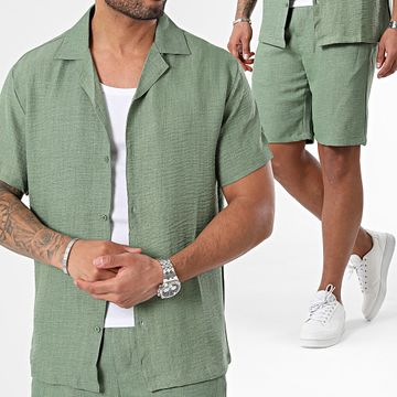 Frilivin - Conjunto de camisa de manga corta y pantalón corto verde caqui