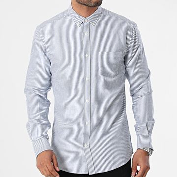 Only And Sons - Remy Blanco Azul Marino Slim Camisa de Manga Larga a Rayas