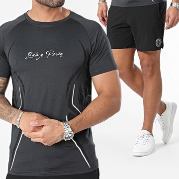 Zelys Paris - Conjunto de camiseta y pantalón corto jogging gris carbón jaspeado negro