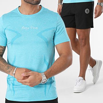 Zelys Paris - Conjunto de camiseta y pantalón corto azul claro jaspeado negro