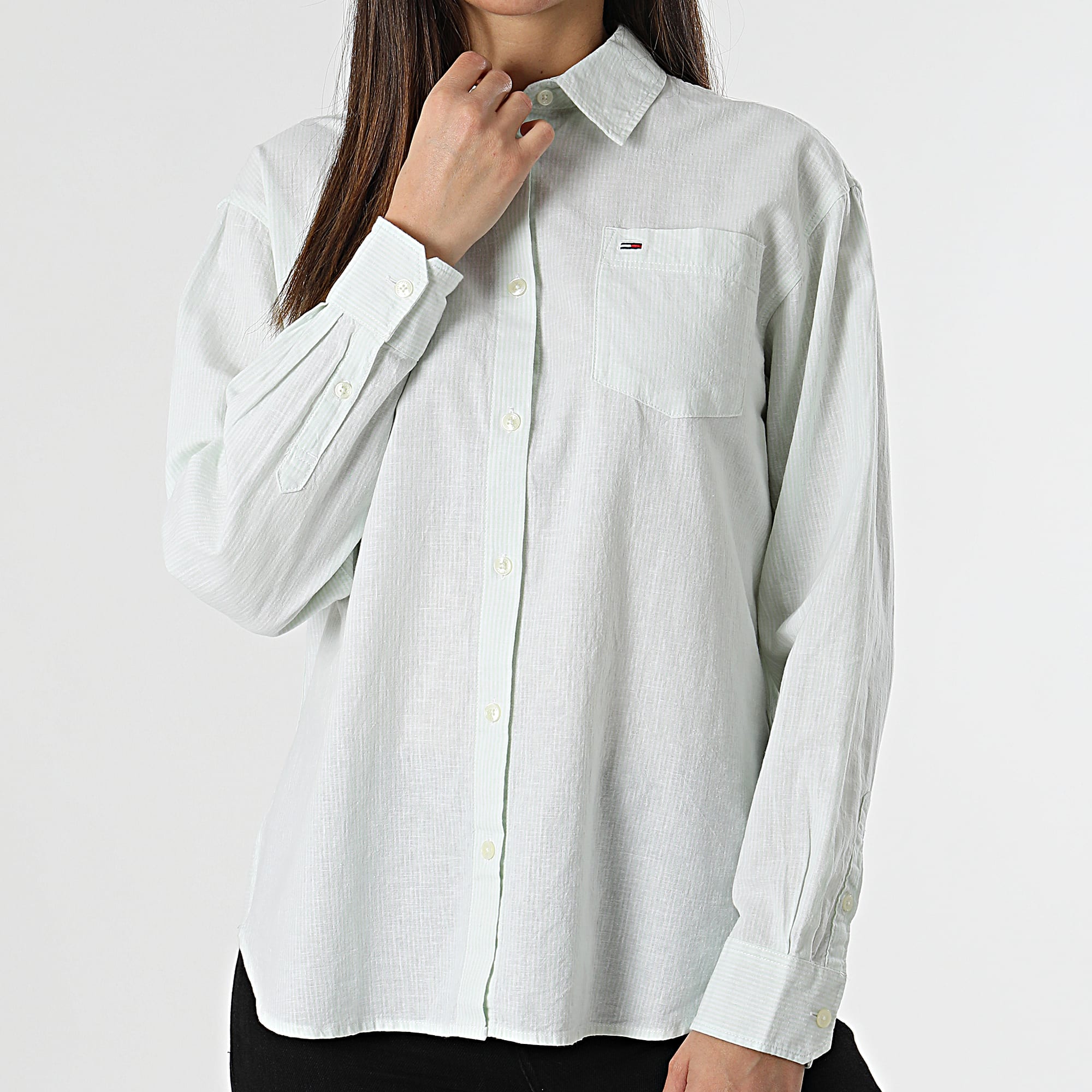 Tommy Jeans - Boxy Stripe Linen 7737 Camisa de manga larga a rayas para mujer Blanco Verde claro