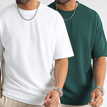 LBO - Juego De 2 Camiseta Texturizada Waffle Grande 1089 Blanco Verde Botella