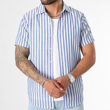 LBO - 1090 Camisa Azul Claro Blanca Manga Corta Rayas Anchas