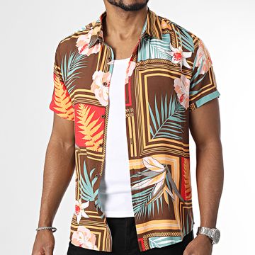 Frilivin - Marrón Naranja Verde Camisa de manga corta