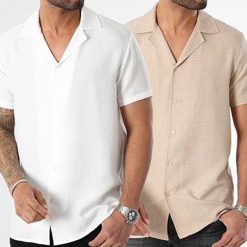 LBO - Lote de 2 camisas de manga corta efecto lino 0219 0944 Beige Blanco
