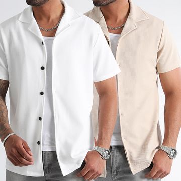 LBO - Lote De 2 Camisas De Manga Corta Con Textura Gofre 1199 Blanco Beige