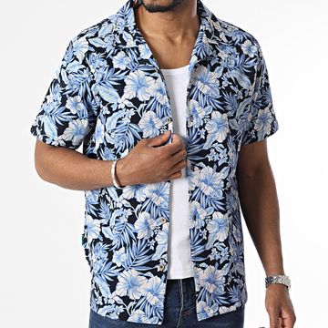 Classic Series - Azul Negro Blanco Floral Camisa Manga Corta