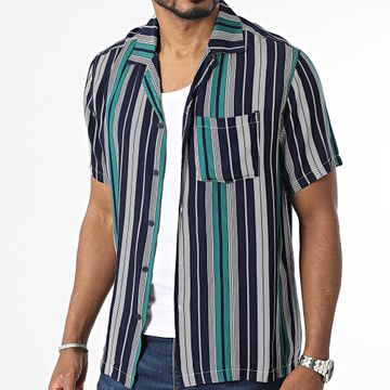 Frilivin - Camisa de manga corta a rayas azul marino, blanco y turquesa