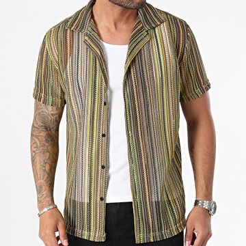 Frilivin - Beige Marrón Verde Manzana Camisa de Manga Corta a Rayas