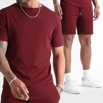 LBO - Conjunto de camiseta oversize y pantalón corto texturizado Waffle 1217 Burdeos