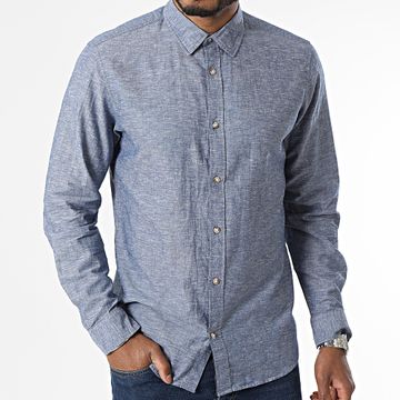 Jack And Jones - Verano Lino Camisa de Manga Larga Azul Marino Heather