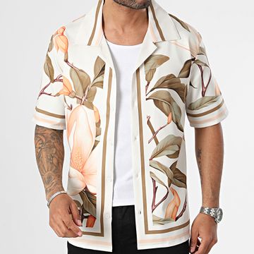 KZR - Beige Naranja Verde Floral Camisa de Manga Corta