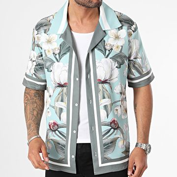 KZR - Camisa Manga Corta Azul Claro Verde Oscuro Blanco Floral