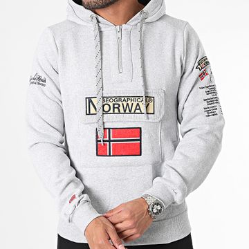 Geographical Norway - Sudadera gris jaspeada con capucha y cuello de cremallera