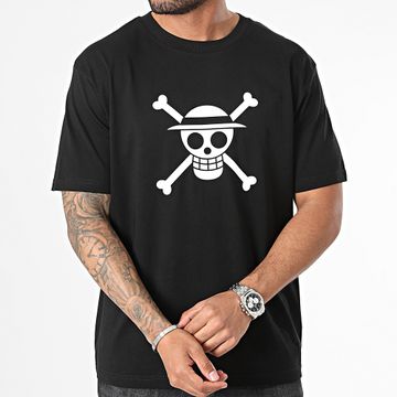 One Piece - Tee Shirt Oversize Large Mugiwara Front Negro Blanco