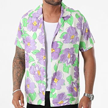 Frilivin - Beige Violeta Verde Floral Camisa de Manga Corta