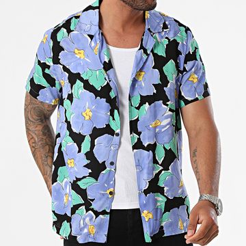 Frilivin - Camisa Manga Corta Negra Azul Claro Verde Floral