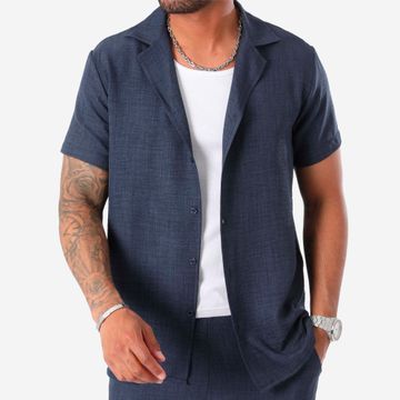 LBO - 1326 Camisa de manga corta efecto lino azul marino