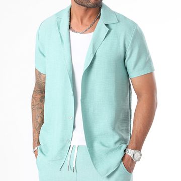 LBO - Camisa de manga corta efecto lino azul turquesa 1328