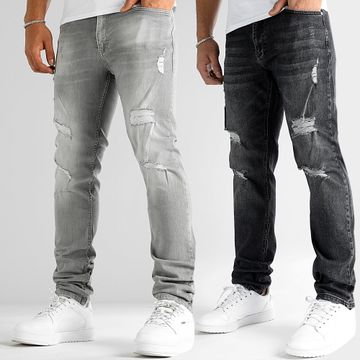 LBO - Juego De 2 Vaqueros Regular Fit Con Destroy 2674 2892 Denim Gris Claro Negro